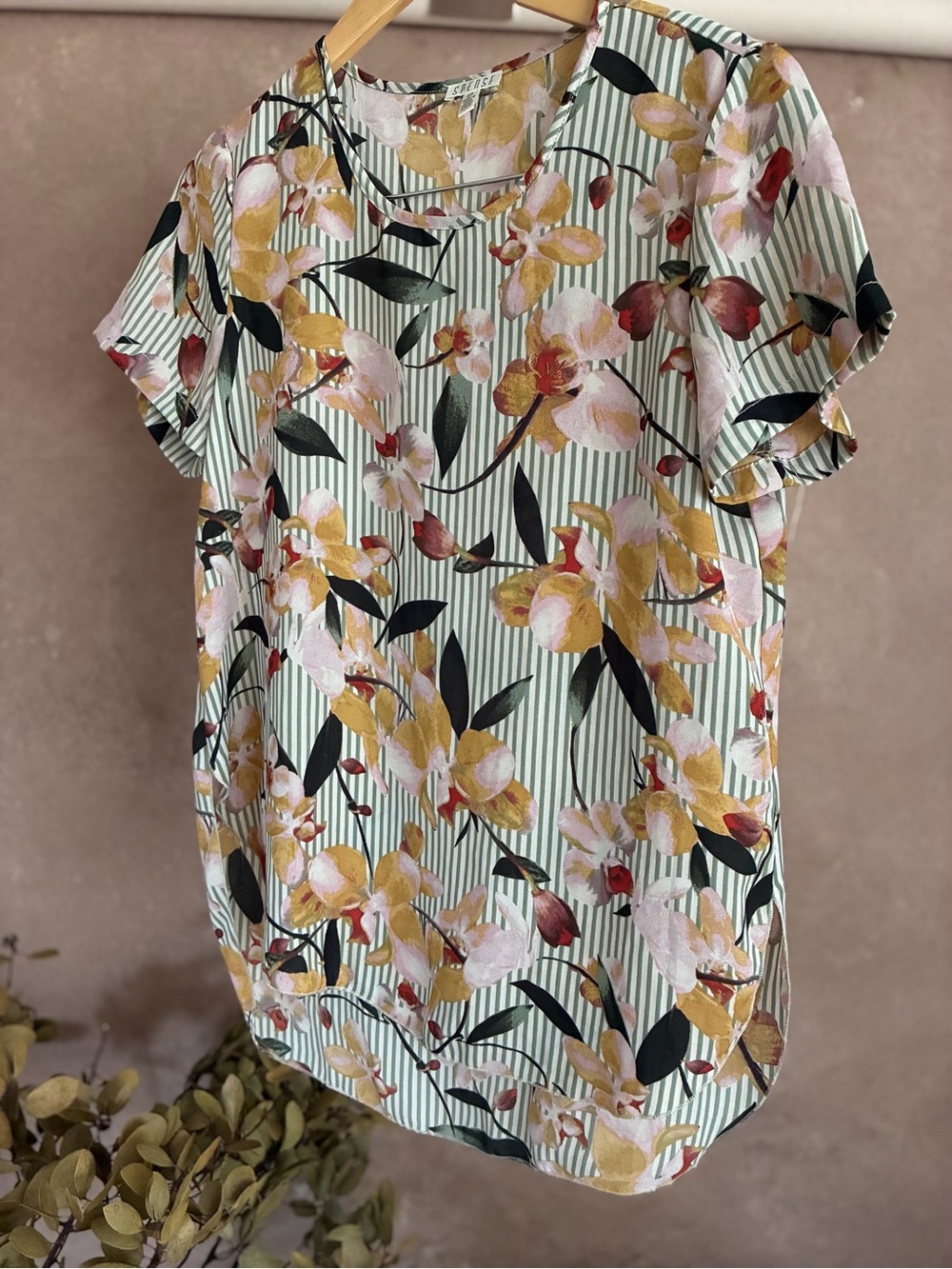 Green & White Striped Floral Short-Sleeve Blouse with Yellow & Pink Flowers